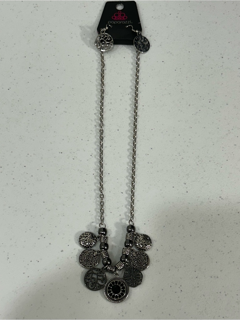 Paparazzi | Silver-Tone Layered Coin Charm Necklace and Earrings Set | NWT